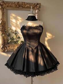 Lovelzi Luxury Plus Size Lace Trim Ruched Elegant Waist-Cinched Halter Neck Ball Gown Dress Party Cocktail Wedding Homecoming Wedding Black Spring - Black - View 5