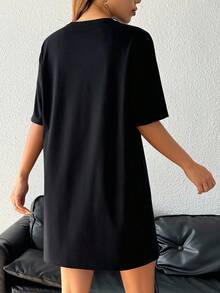 SHEIN EZwear 女款休閒寬鬆圓領短袖短洋裝，適合夏季 - 黑色 - 查看 2