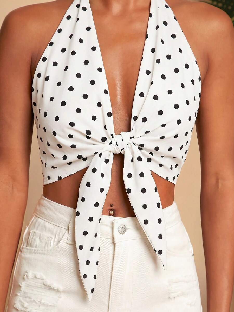 Travachic Women's Polka Dot Pleated Casual Versatile Daily Wear Halter Neck Top - White - View 1