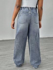 Tween Girls Vintage Distressed Flare Jeans With Bow Rhinestone Decor, Casual Washed Denim Pants - Medium Wash - View 2