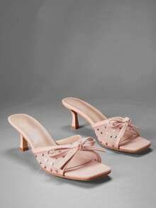 SHUZIA Women's Fashion Comfortable Bow Tie Mesh Kitten Heel Sandals - Apricot - View 5