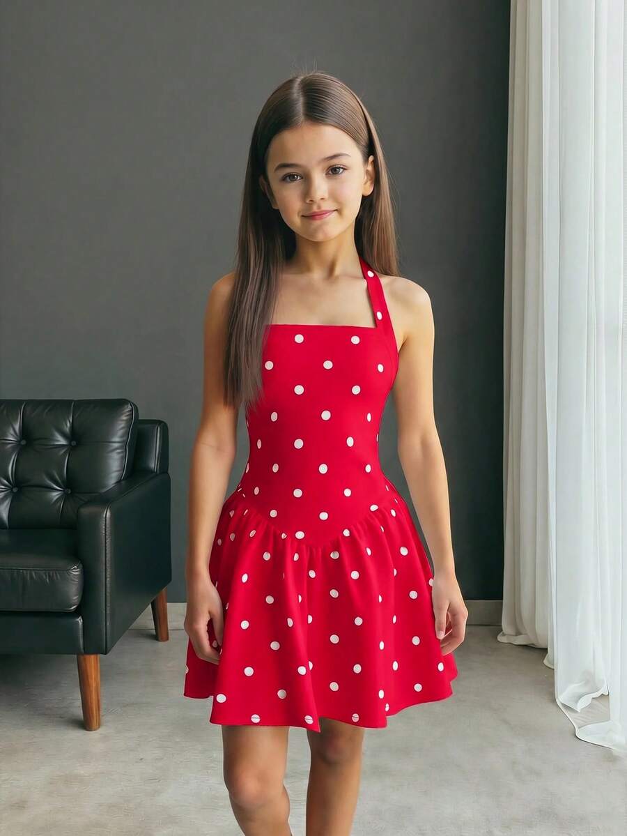 Firerie Kids Firerie Kids Tween女孩休閒度假黑白波點掛脖A字可愛洋裝 - 紅色 - 查看 1