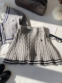 Comfortcana 女款馬術刺繡對比色粗針編織迷你裙 - 灰色 - 查看 6