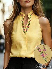 Flora Isola Flora Isola 女款花卉刺繡立領無袖上衣，刺繡上衣，女款夏季穿搭，優雅襯衫，辦公通勤穿著 - 鵝黃色 - 查看 4