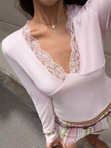 MainGRL Kaos Wanita Lengan Panjang Patchwork Renda Warna Pink Muda, Cocok untuk Kencan Malam Hari, Musim Gugur, Gaya Y2k, Elegan, Romantis, dan Makan Siang Bersama. - Baby Pink - View 2