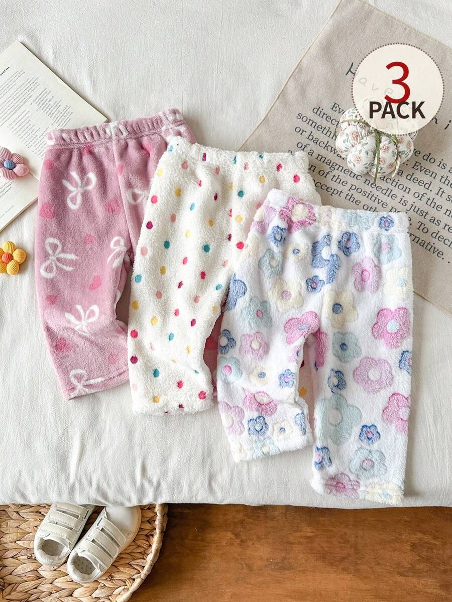 SHEIN Vintaside Kids 3件組女嬰秋冬款粉色白色與藍色花朵草莓圖案毛絨長褲,可愛休閒居家與外出場合穿著 - 彩色 - 查看 1