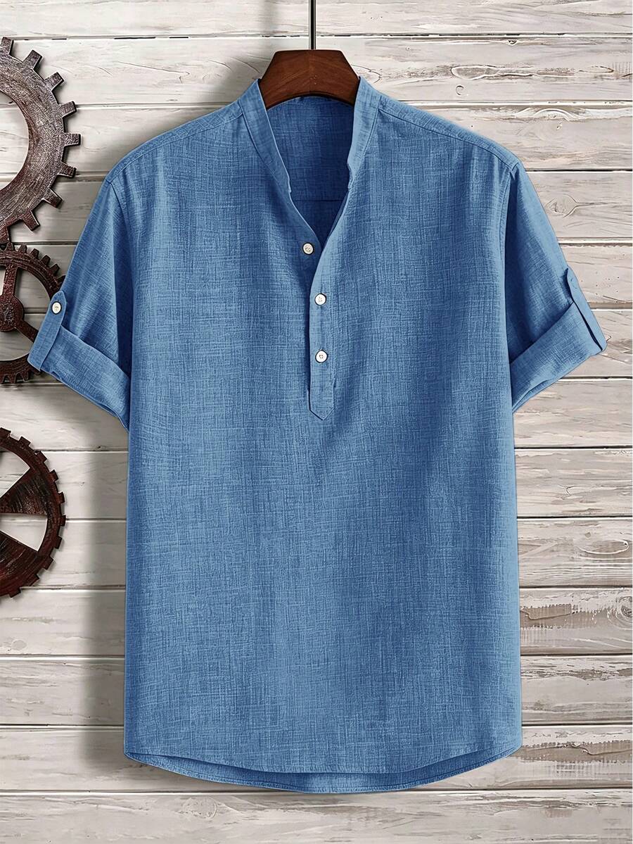 Manfinity Homme Loose Fit Men Half Button Roll Up Sleeve Shirt - Blue - View 1