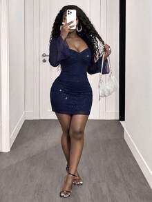 Glyssa Women's Solid Color Ruched Elegant Waist Mini Dress For Party And Gathering - Navy Blue - View 1