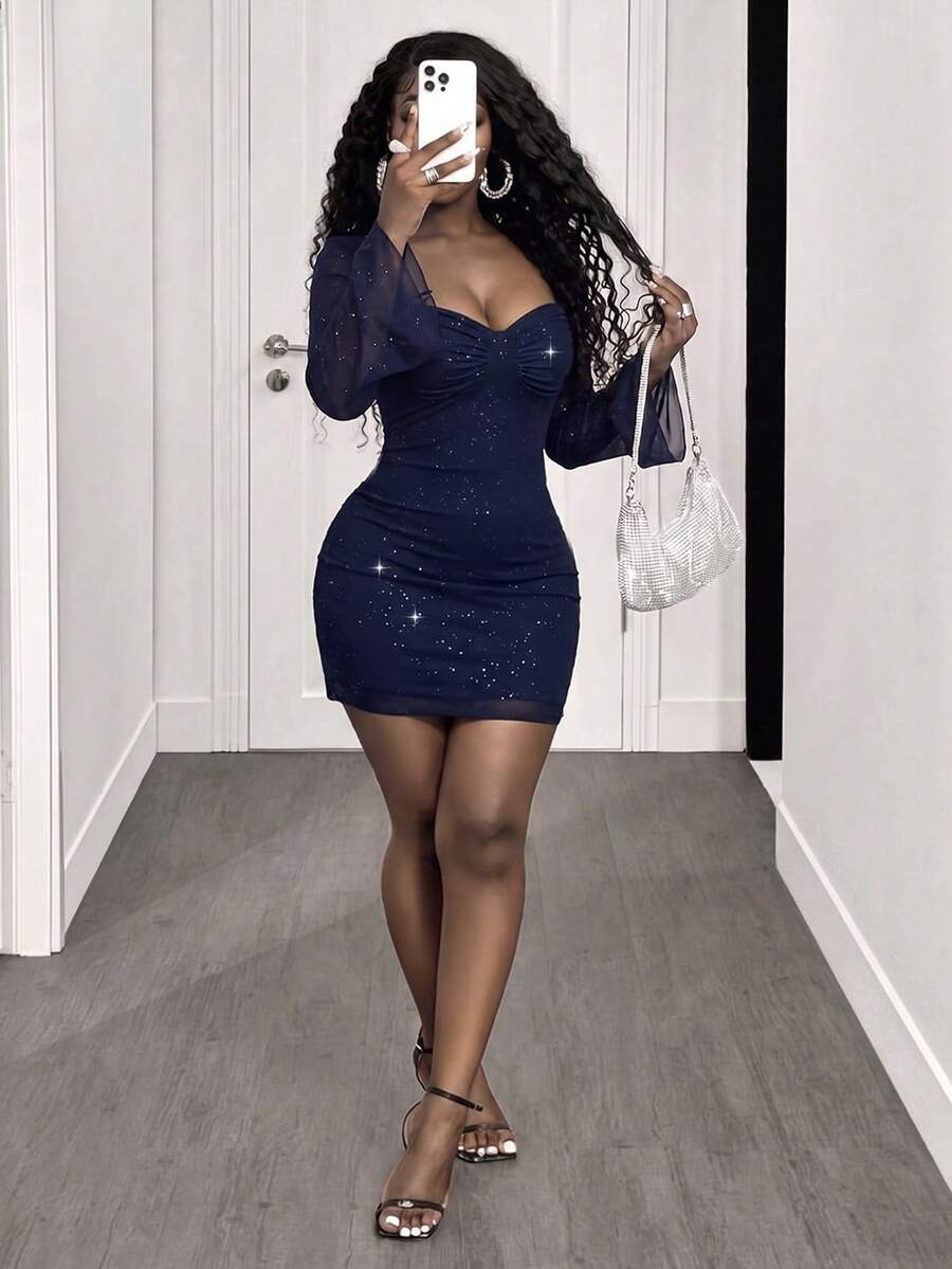 Glyssa Women's Solid Color Ruched Elegant Waist Mini Dress For Party And Gathering - Navy Blue - View 1
