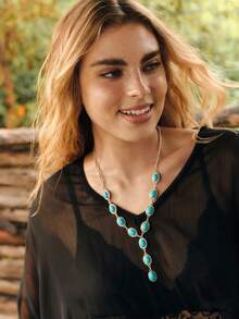 Nocturel 1pc Women's Retro Western Style Turquoise Inlaid Y-Shape Charm Necklace, Suitable For Beach, Holiday, Party, Clavicle Necklace - Multicolor - View 6