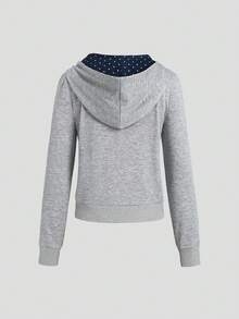 Sweetra Women's Spring/Autumn Short Polka Dot Patchwork Zip-Up Hooded Sweatshirt, Gray Slim Fit Casual Commuter Sweatshirt - Grey - View 2