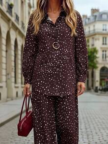 Hansera Women's Winter Christmas Brown Woven Polka Dot Print Long Sleeve Button-Down Shirt And Elastic Waist Wide Leg Pants 2-Piece Set, Suitable For Daily Wear, Elegant Style, Vintage Style, Office Wear, Casual Wear, Autumn/Winter Wear - Coffee Brown - View 1
