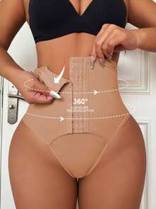 SHEIN Women High Waist Slimming Pants, Button Front G-String Panties - Khaki - View 1