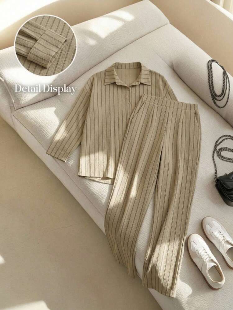 Elaquor Plus Size Casual Minimalist Basic Striped 2 Pieces Set, Loose Fit Two Piece Set Elegant Fall - Khaki - View 7