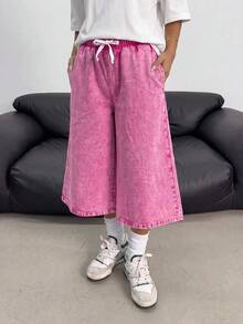 SHEIN 青少年女孩 Y2K 街頭風淺色水洗寬鬆彈性牛仔寬腿牛仔褲，秋季舞會短褲，灰粉色 - 玫紅色 - 查看 3