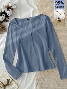 Tseoso 女款新款棉感霧藍色 95% 棉半鈕扣前襟 T-Shirt，四季百搭居家穿著 - 霧霾藍 - 查看 1