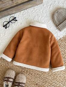 SHEIN Playful Pals Boys' Autumn/Winter Street Life Casual Motorcycle Jacket, Infant Thickened Plush Lapel Zipper Coat Children Aged 0-3Y, Toddler Holiday Club Brown - Multicolor - View 3