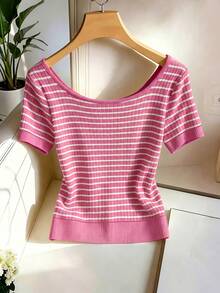 SHEIN Franclia Women's Striped V-Neck Short Sleeve T-Shirt, Beach Vacation Cute And Elegant T-Shirt, Suitable For Spring/Summer, Winter, National Day/New Year Outing Top, Elegant Fashion Daily Commute, Office Casual Wear, Versatile Elegant, Urban Style, Teacher Professional Attire - Pink - View 2