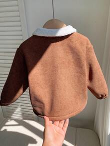 Baby Boy Thermal Lined Thick Collar Long Sleeve Open Front Winter Jacket, Versatile And Comfortable - Brown - View 2