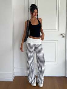 Aloruh Women's Striped Patchwork Casual Versatile Daily Travel Long Pants - Black and White - View 5