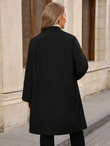 EMERY ROSE Plus Size Women's Casual Solid Color Lapel NeckLoose Fit Jacket, Autumn/Winter - Black - View 3