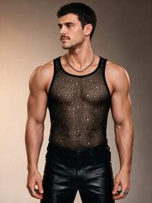 ZURIURI Men's Sexy Lace Mesh Ripped See-Through Tight Vest - Black - View 4