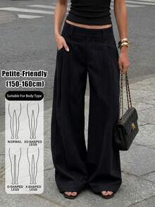 SHEIN PETITE Women's Casual Versatile Solid Color Wide Leg Long Pants Work Office Black Autumn - Black - View 2