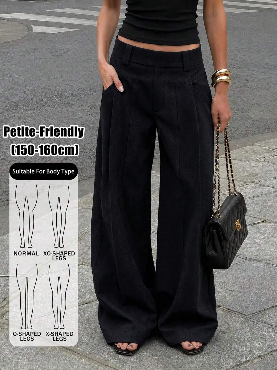 SHEIN PETITE Women's Casual Versatile Solid Color Wide Leg Long Pants Work Office Black Autumn