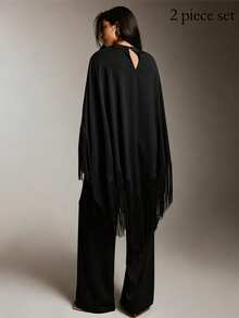COSMINA Women's Solid Color Tassel Design Top And Pants Casual Daily Set - Black - View 2