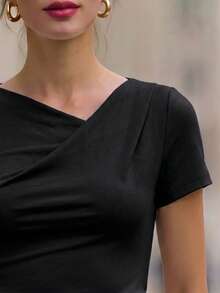 Elenzga 女款春夏休閒優雅極簡純色領口設計收腰修身日常通勤百搭短袖T恤 - 黑色 - 查看 4