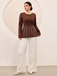 Graceveil Sweater Fashion Wanita Lengan Panjang Bergaris dengan Kerah Bulat dan Hiasan Ruffle di Bagian Bawah - MultiWarna - View 5