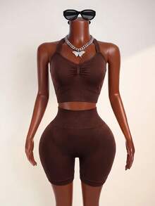 Mistrie Women's Solid Color Backless Halter Top And Shorts Sports Set - Brown - View 1