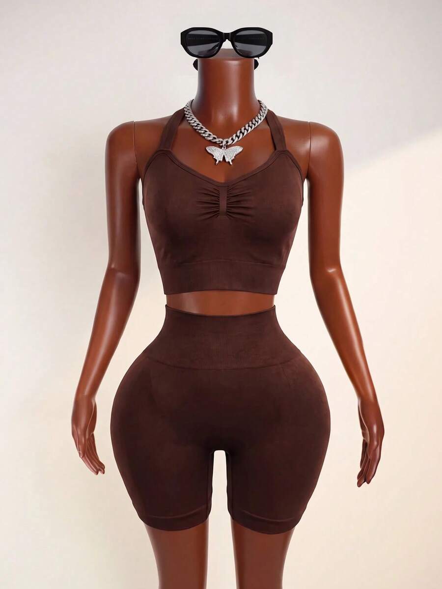 Mistrie Women's Solid Color Backless Halter Top And Shorts Sports Set - Brown - View 1