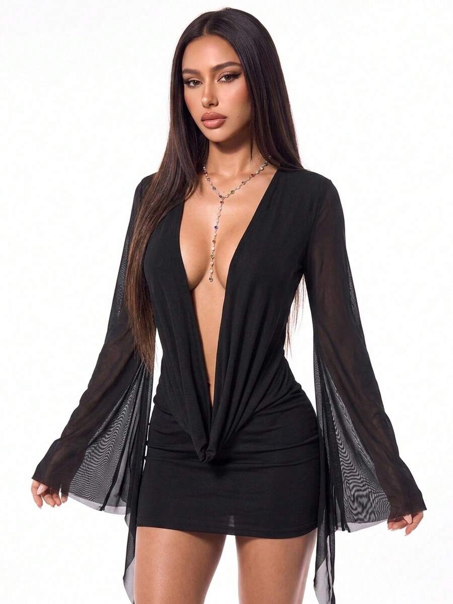 SHEIN ICON Sexy Oversized Plunging Neckline Mesh Patchwork Backless Mini Dress - Black - View 1