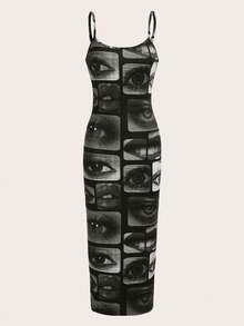 SHEIN ICON Eye & Lip Print Cami Bodycon Dress - Multicolor - View 1