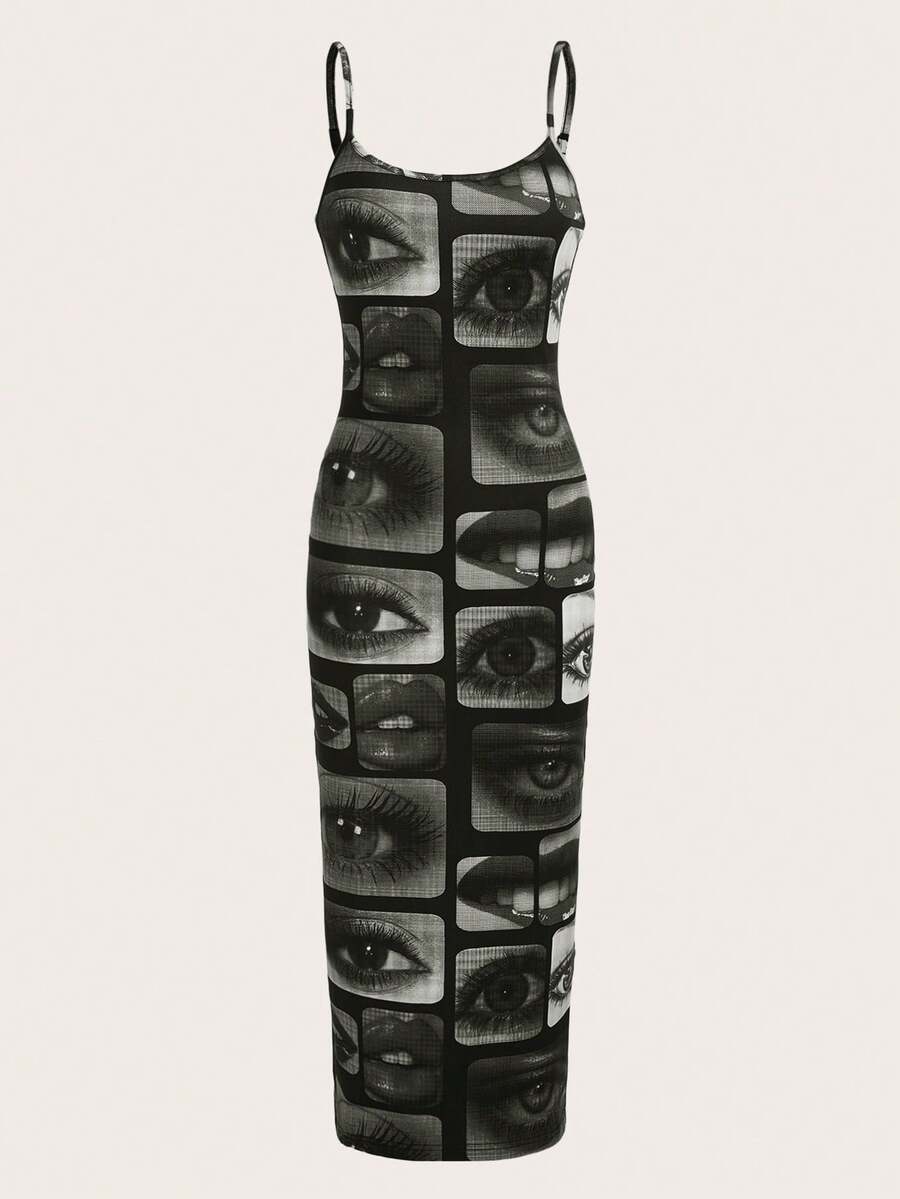 SHEIN ICON Eye & Lip Print Cami Bodycon Dress - Multicolor - View 1