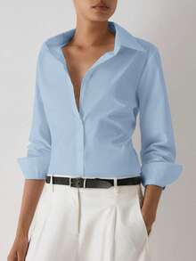 YARNWELL Women's Summer Casual Everyday Outing Single-Breasted Solid Color Shirt - Blue - View 6