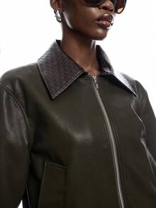 LYSMO Jaket Kasual Wanita Lengan Panjang Kulit PU Motif Blok Warna dengan Resleting Depan - Dark Green - View 3