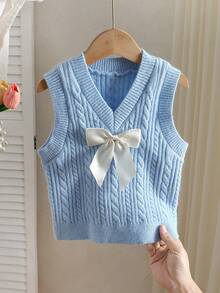 SHEIN Young Girl Bow Decor Knitted Vest - Blue - View 1