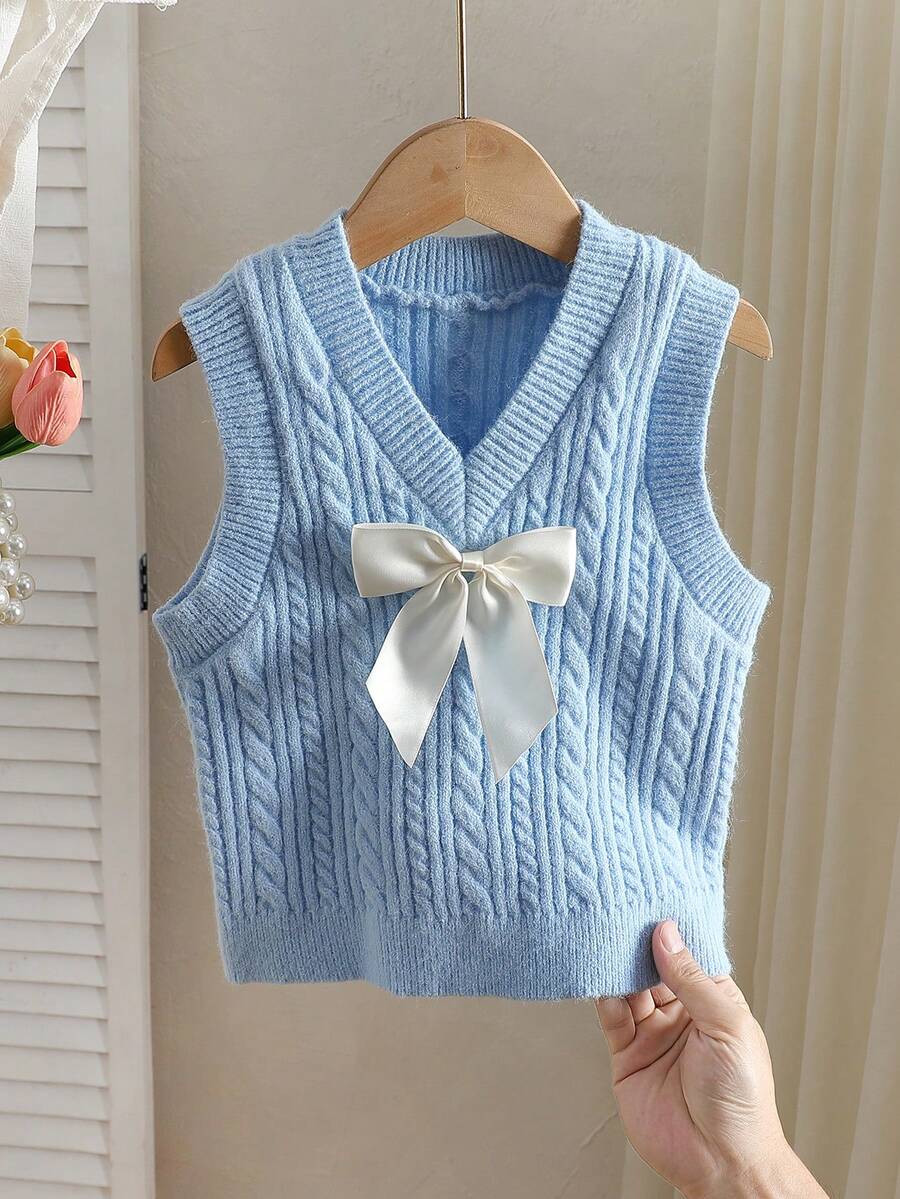 SHEIN Young Girl Bow Decor Knitted Vest - Blue - View 1