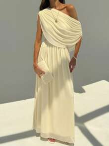 Aloruh 新款披肩式單肩百褶裝飾修身超長飄逸垂墜輕便多功能派對度假洋裝 - 米色 - 查看 6