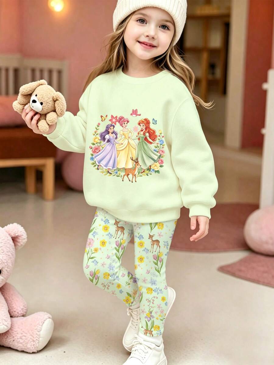 SHEIN 1套女童森林公主夢幻童話風花環三公主與鹿印花套頭衛衣,滿版小碎花修身長褲休閒套裝,適合春秋休閒出遊、日常穿著、聚會、拍照,2件套 - 彩色 - 查看 1