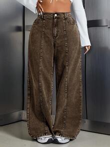 SHEIN EZwear 大尺碼休閒水洗直筒牛仔褲 - 棕色 - 查看 1