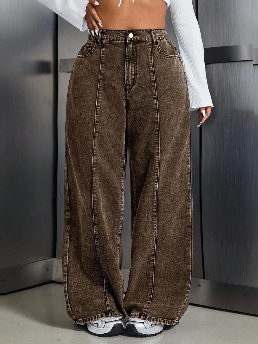 SHEIN EZwear 大尺碼休閒水洗直筒牛仔褲 - 棕色 - 查看 1