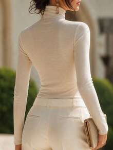 SHEIN Women's Slim Fit High Neck Solid Color Long Sleeve Top - Apricot - View 2