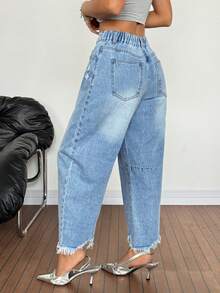 SHEIN Tall 女款水洗破洞口袋休閒街頭風錐腳牛仔褲，適合辦公、日間日常、返校穿著，牛仔女孩風，夏季淺藍色 - 藍色 - 查看 8