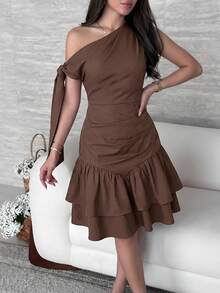 Modelyn Women's Solid Color Twist Shoulder Design Ruffle Hem Short Dress,Dresses For Women Summer - Burgundy - View 3