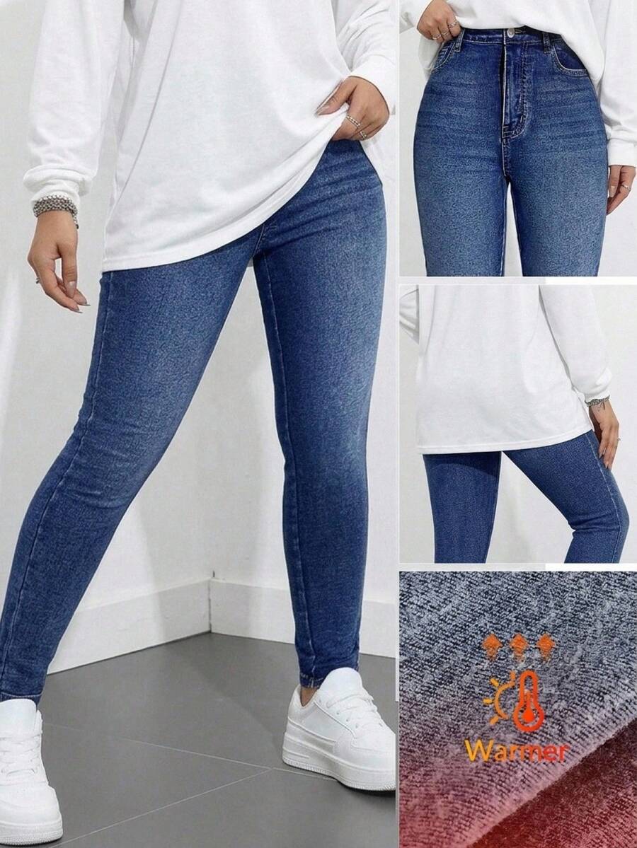 SHEIN 少女蓝色牛仔保暖内衬弹力修身七分裤,休闲时尚度假风,秋冬季 - 深色水洗藍 - 查看 1