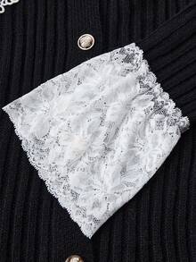 GlowEve Autumn/Winter Elegant French Black And White Lace Patchwork Cardigan Office - Black - View 6