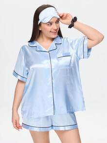 Bonmuse 加大码 2 件纯色缎面短袖翻领上衣和蝴蝶结短裤睡衣套装女士夏季家居服套装清凉浅蓝色 - 藍色 - 查看 6